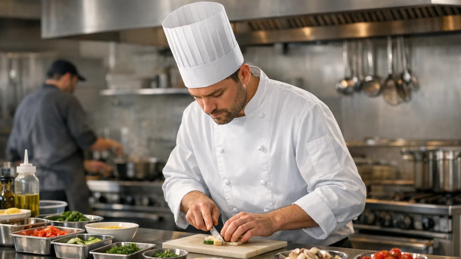 Chef preparing food at a professional kitchen station