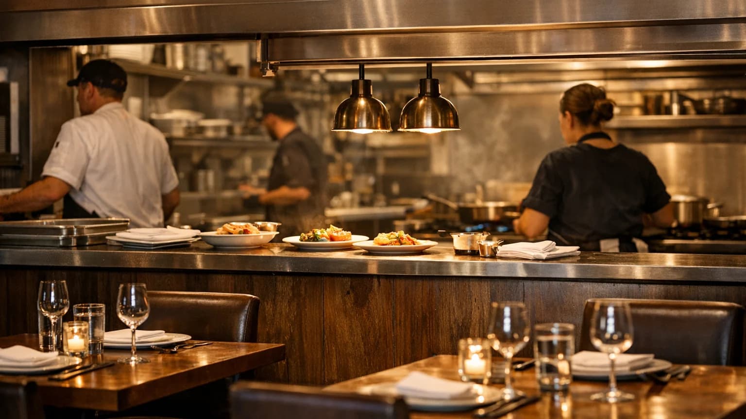 Dining room and prep area in a restaurant context