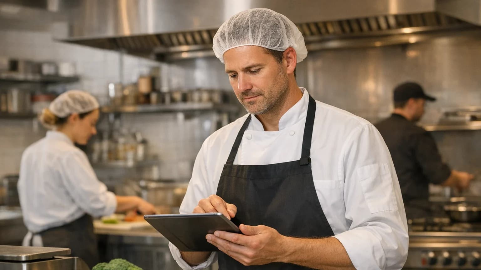 Kitchen technologist reviewing production data on a tablet